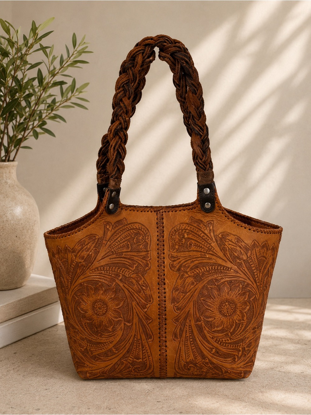 Alejandro Yeo Brown Leather Shoulder bag braided handle structured tote tooled
